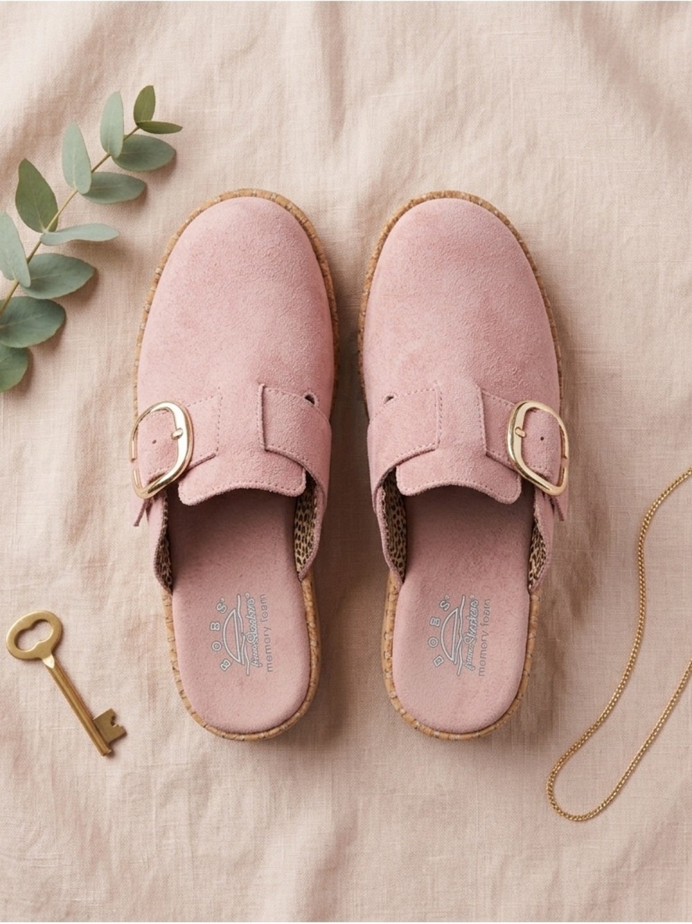 BOBS by Skechers Pink Suede Clog Mules Memory Foam Cork Platform Slip On US 7.5